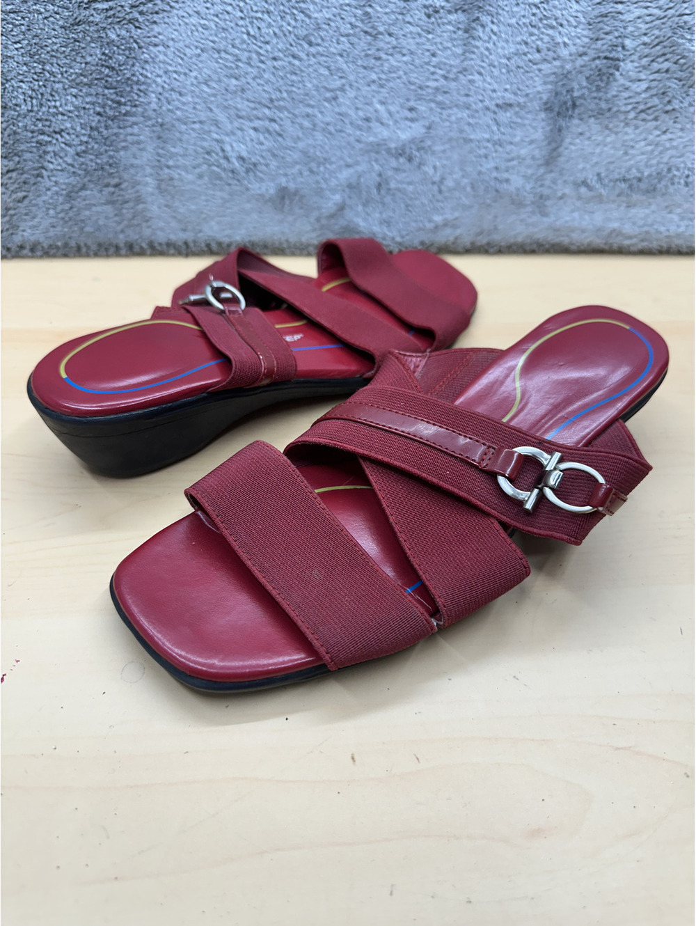 Airstep Burgundy Strappy Slide Sandals Wedge Heel